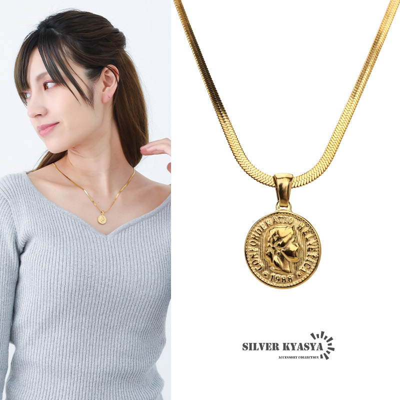コインネックレス レディース スネークチェーン 硬貨 ネックレス 女性 ゴールド 18K GP ステンレス 金属アレルギー対応拍卖