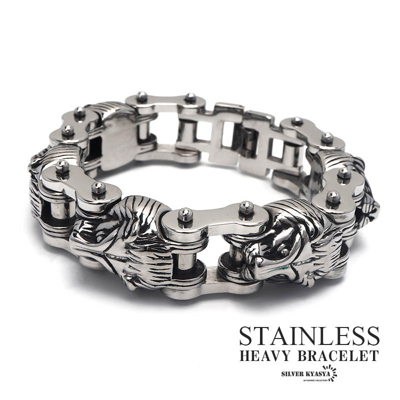 重厚 バイクチェーンブレスレット ライオン メンズ ブレスレット 獅子 ごつめ ごつい ステンレス 316L 金属アレルギー対応拍卖