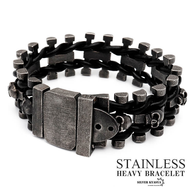 重厚 ブレスレット 本革 レザーブレスレット スカルブレスレット 燻し風 幅広 ごつめ ステンレス 316L 金属アレルギー対応拍卖