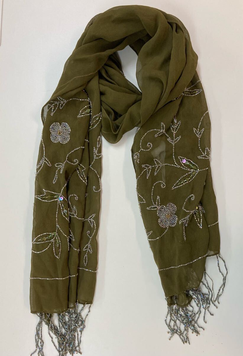 ストール フリンジ マフラー カーキ 大判 ビーズ花 拍卖