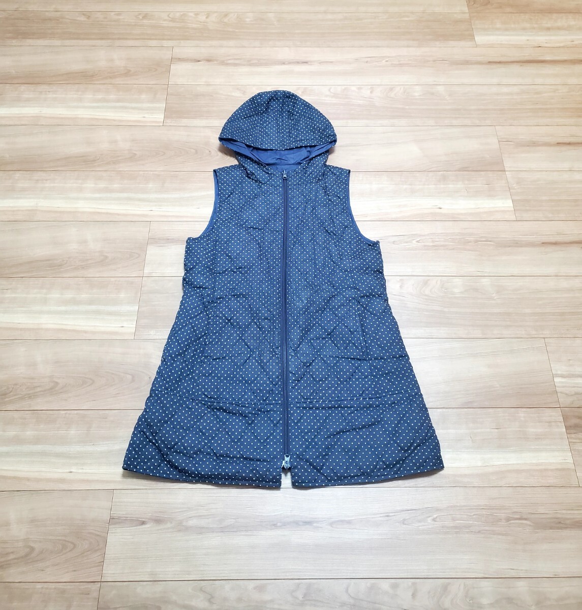 レディース ダウンベスト キルティングベスト ロング丈 Fサイズ ネイビー系 ドット柄拍卖