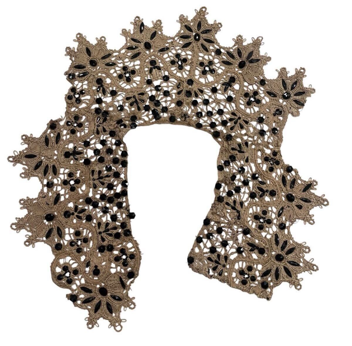 アンティーク レース つけ襟 襟 カラー ジェット ガラス ビーズ antique vintage lace 刺繍 大判 ヴィクトリアン レア 1900’s拍卖