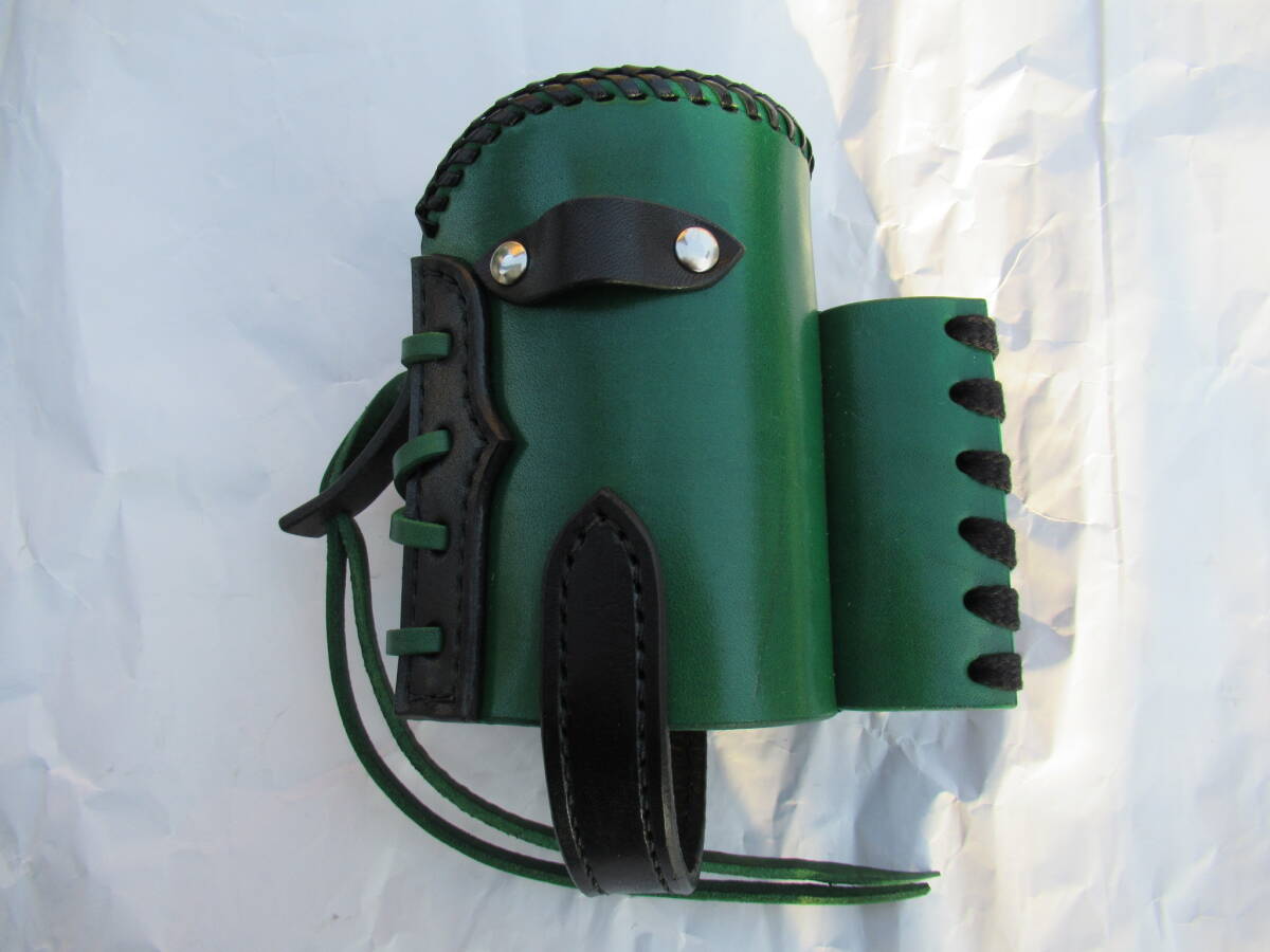 新色 栃木レザー製サドルレザー ドリンクホルダー 黒&緑 ハーレー アメリカン バイク拍卖