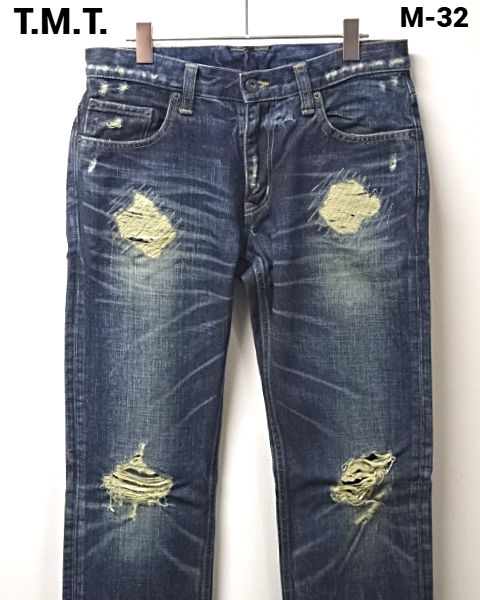 M-32【TMT DENIM PANTS TPT-F0703 INDIGO BLUE T.M.T. ティーエムティー ダメージ加工デニムパンツ インディゴブルー】拍卖