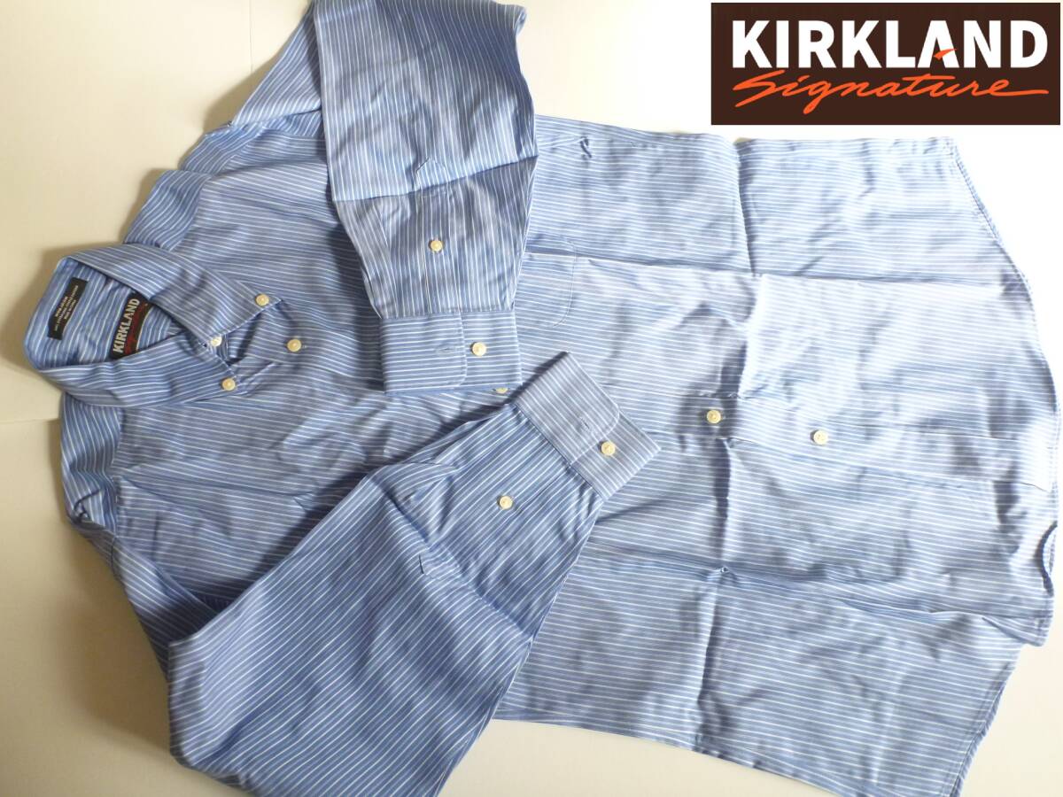新品未使用 KIRKLAND カークランド★上質コットン100 青×白 ストライプ柄 メンズ 長袖 ワイシャツ 16-33 40-84 L相当拍卖