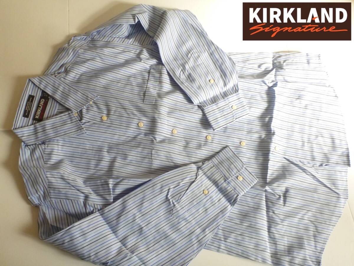新品未使用 KIRKLAND カークランド★上質コットン100 水色×青×グレー×黒 ストライプ柄 長袖ワイシャツ L相当 16-32 40-81拍卖