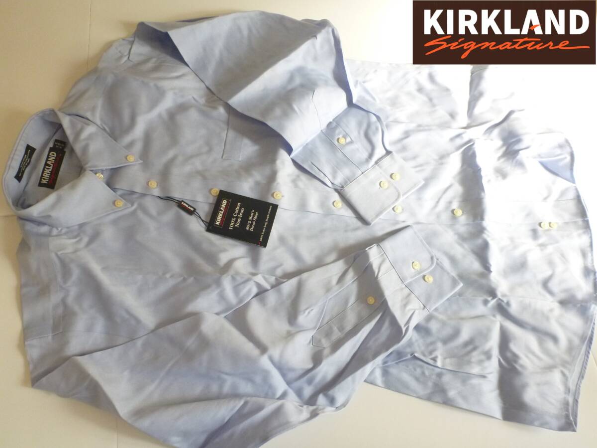 新品 KIRKLAND カークランド★上質コットン100 水色 メンズ 長袖 ワイシャツ L相当 16-33 40-84拍卖