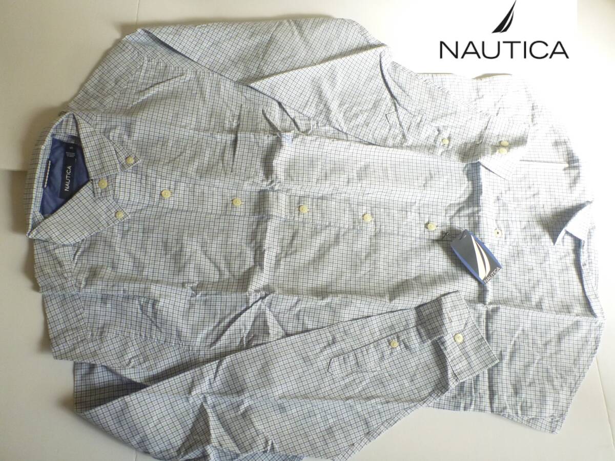 新品 NAUTICA(ノーティカ)★水色×白×黒 チェック柄 ロゴ刺繍 長袖シャツ M相当 S スケーター ダンサー拍卖