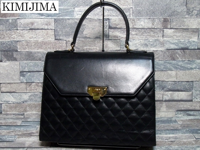 KIMIJIMA キミジマ ロゴ金具 キルティング レザー フォーマルバッグ ハンドバッグ 黒 ブラック ゴールド金具拍卖