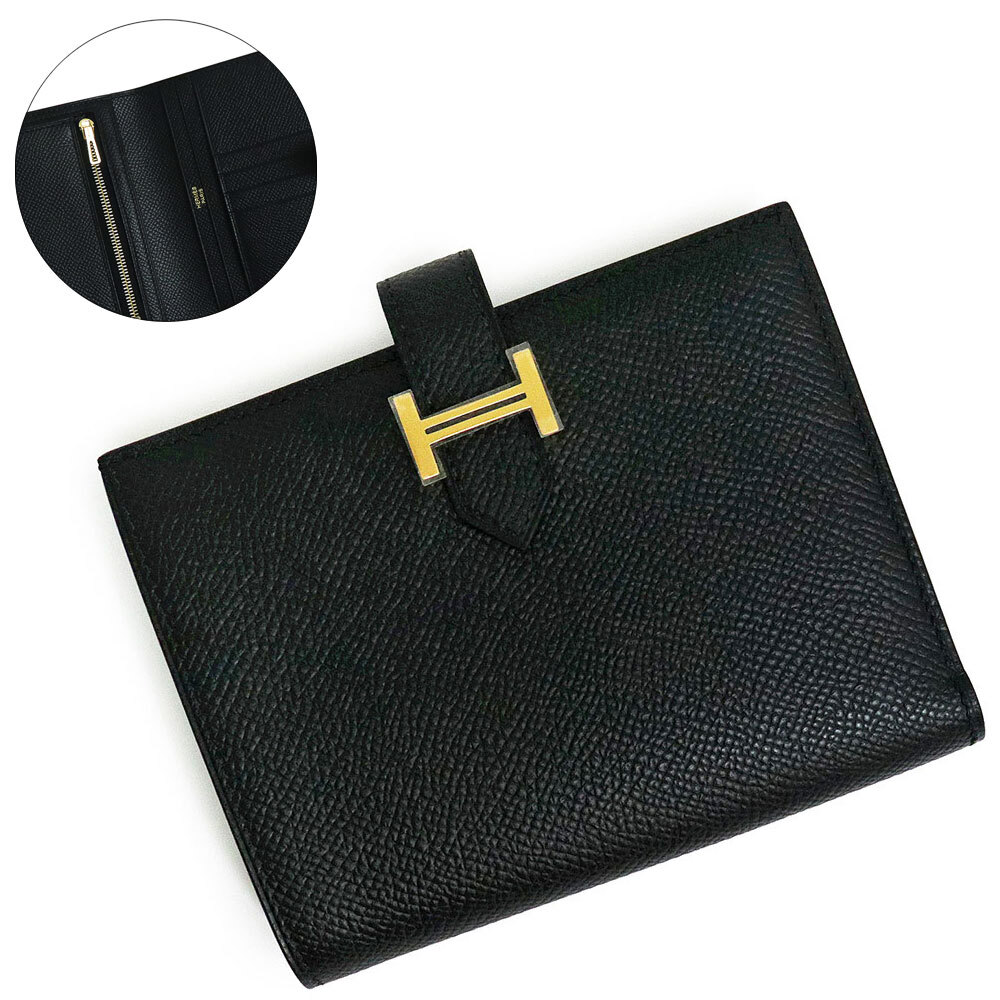 (新品・未使用品)エルメス HERMES ベアン コンパクト 二つ折り財布 ヴォーエプソン レザー ブラック 黒 ゴールド金具 W刻印 箱付拍卖