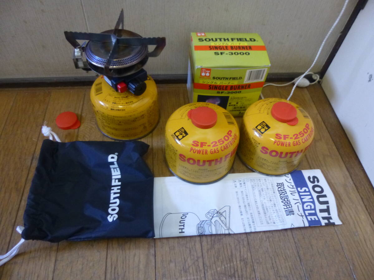 ◇中古 点火確認済 専用ガス2本付 SOUTHFIELD サウスフィールド シングルバーナー SF-3000 屋外専用 検索 ソロ キャンプ アウトドア コンロ拍卖