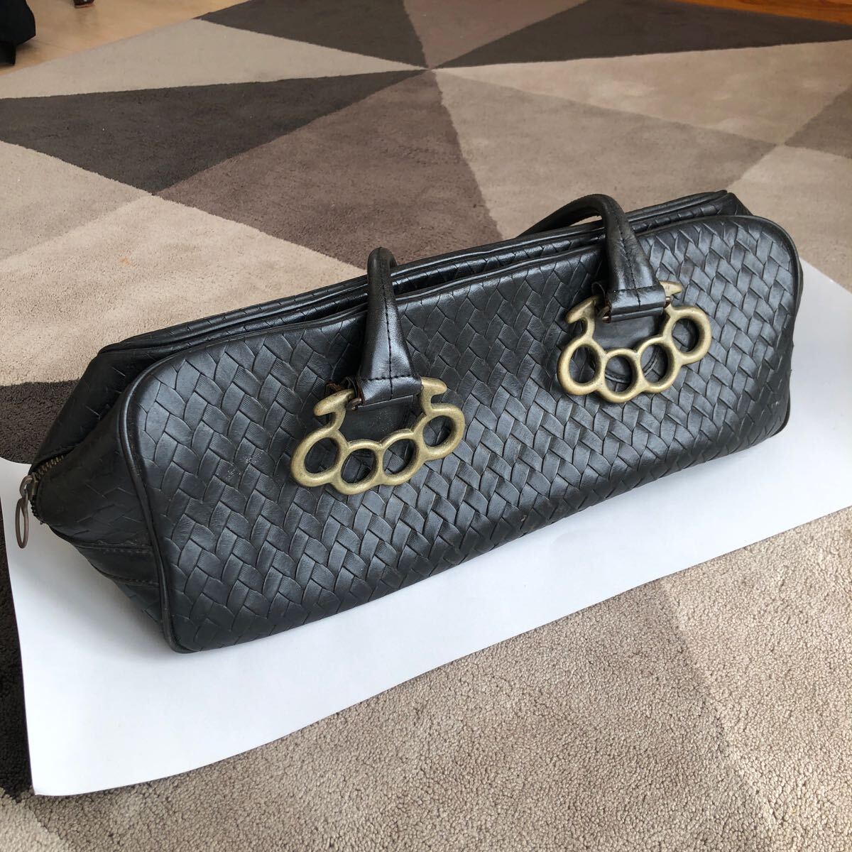 【中古良品】革製ハンドバッグ メリケンサック 底部約40cm×約14cm 高さ約17cm カバン  レザー 編み込み ボッテガ風拍卖