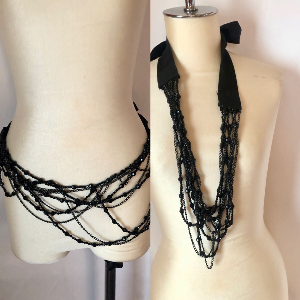 美品ビーズ&チェーン2WAYリボンベルト&チョーカーネックレス黒ブラック♪8×170cm拍卖