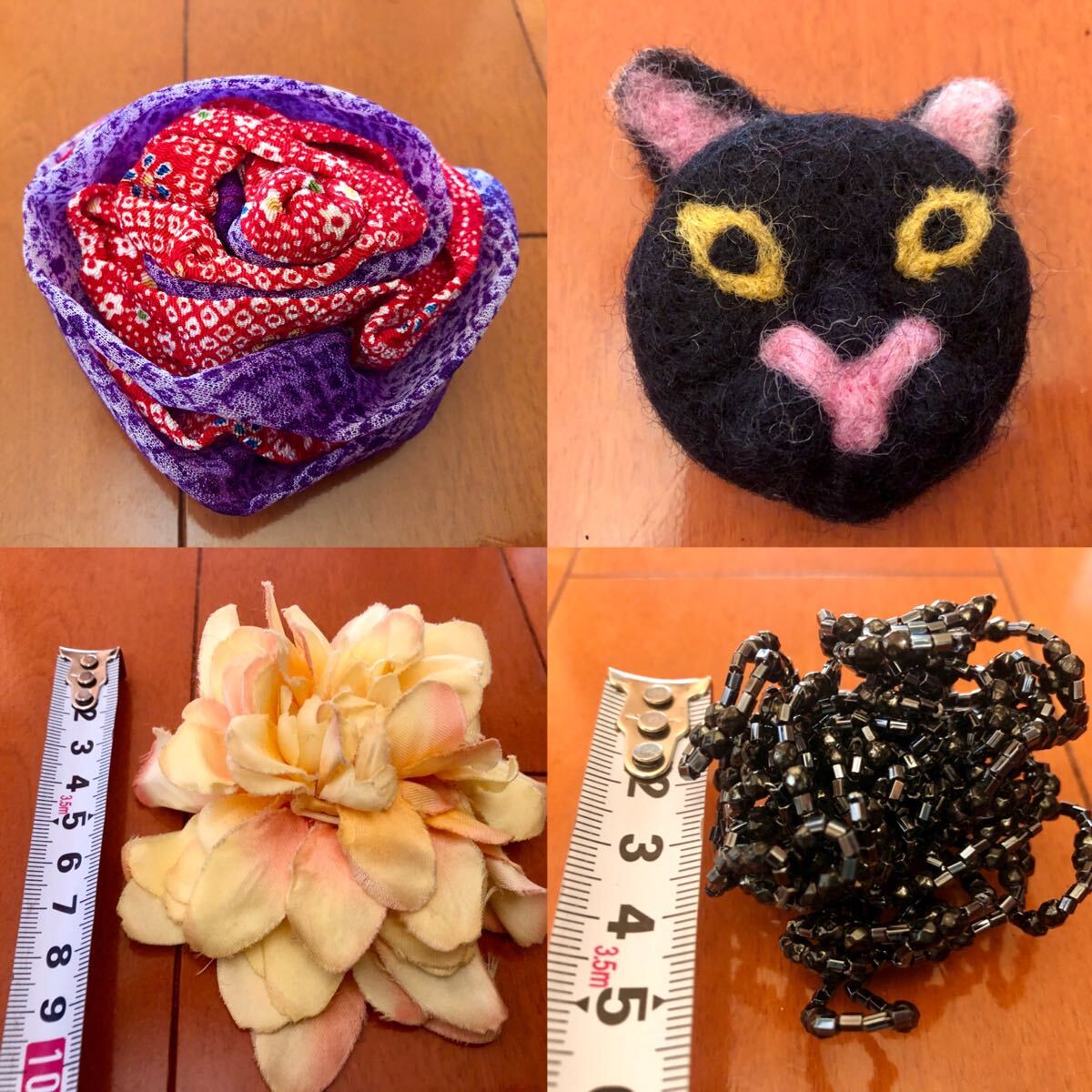美品まとめてブローチ4点セット♪ウールフェルト地黒猫&黒ビーズ&¥3800着物リメイク紫赤&黄色花コサージュヘッドドレス拍卖