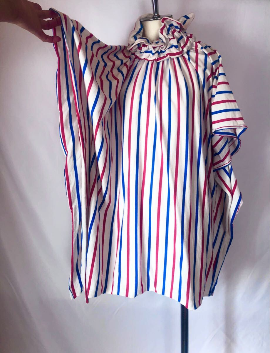 新品ハンドメイド変形ロングストレッチカットソーチュニック着丈75cm スリット入F(M-L-XL-2XL)大きいサイズ赤白青トリコロールカラー♪拍卖