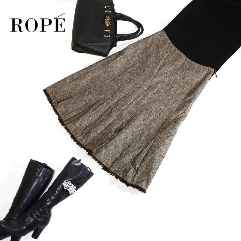美品 厚手 起毛 ROPE’ ロペ カシミヤ 冬 あったか シンプル ミックス ウールスカート 7号 レディース ホワイト 白 綺麗め コンサバ拍卖