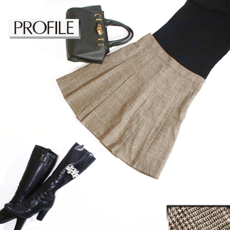 美品 厚手 PROFILE プロフィール 冬 グレンチェック柄 膝下丈 定番 あったか Aライン ウールスカート フレア 38 9号 ブラウン茶色拍卖