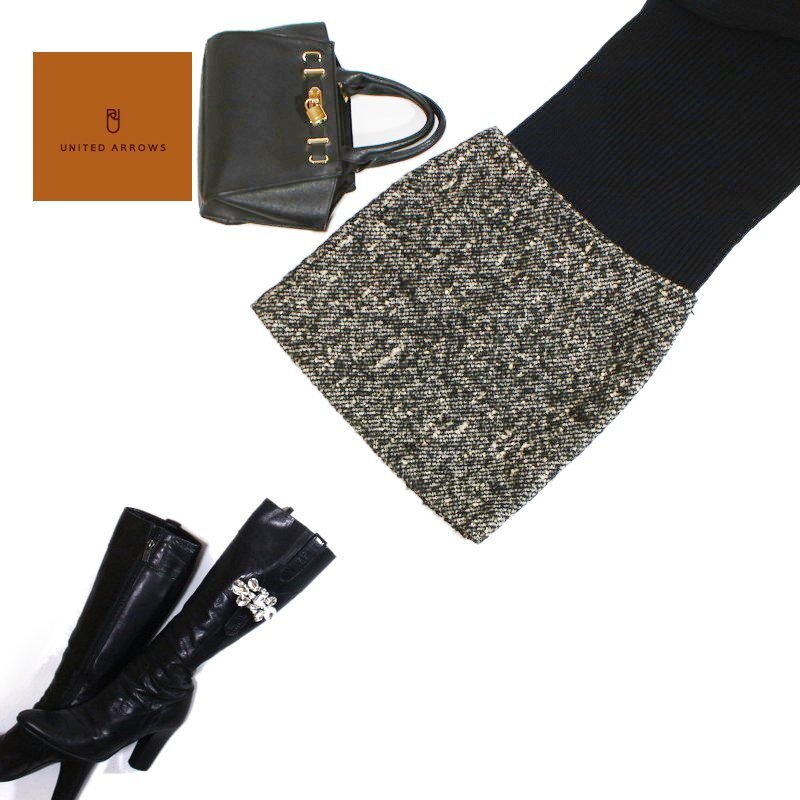 美品 厚手 ユナイテッドアローズ UNITED ARROWS 秋 冬 上品 台形 タイト ツイードスカート ウールスカート 36 7号 ブラック 黒 ベージュ拍卖
