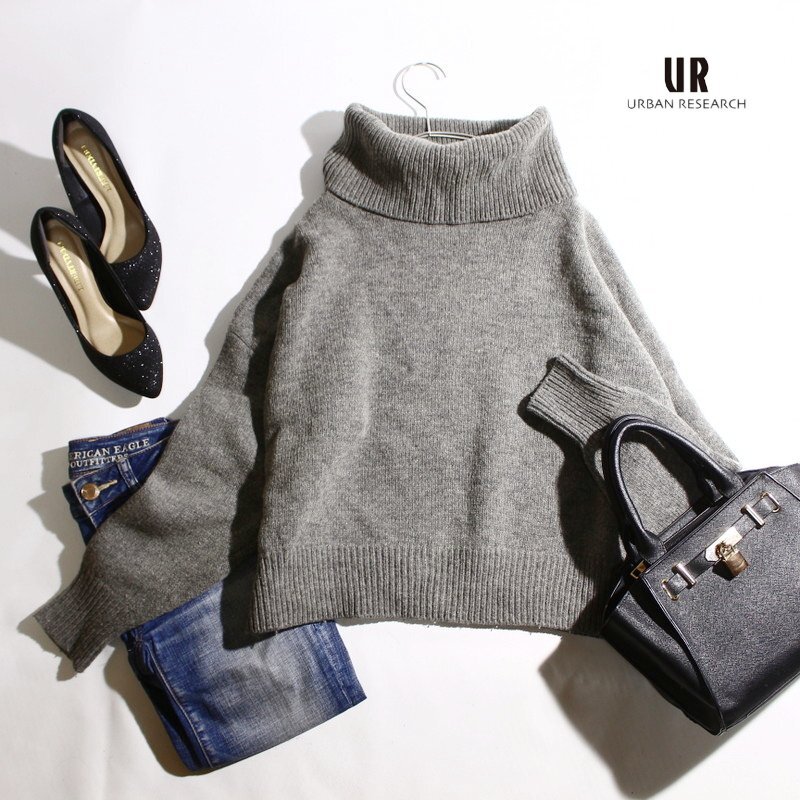美品 厚手 URBAN RESEARCH アーバンリサーチ 冬 真冬 ゆったり ウール タートルニットセーター F グレー ニット セーター 無地 極厚 防寒拍卖