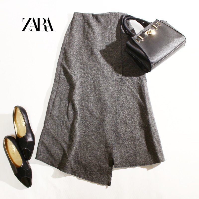 美品 ZARA ザラ 秋 冬 ふんわり 起毛 あったか ロング丈 フレア ニット ウールスカート S グレー拍卖
