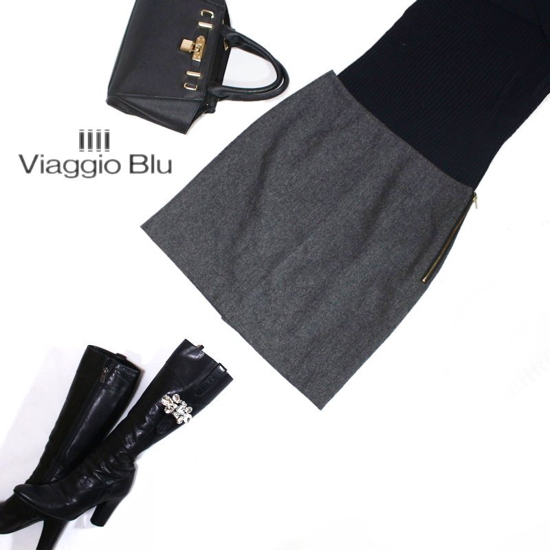 美品 厚手 ビアッジョブルー Viaggio Blu 冬 あったか シンプル 台形 ウールスカート 2 9号 チャコールグレー 綺麗め コンサバ お姉さん拍卖