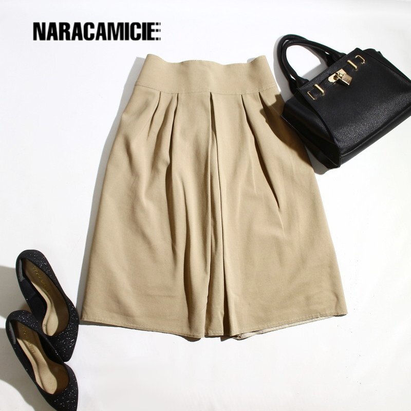 美品 ナラカミーチェ NARACAMICIE 通年 女性らしい 綺麗め 膝下丈 コットン ギャザー フレアスカート ⅠM 9号 ベージュ 通勤 綺麗め拍卖