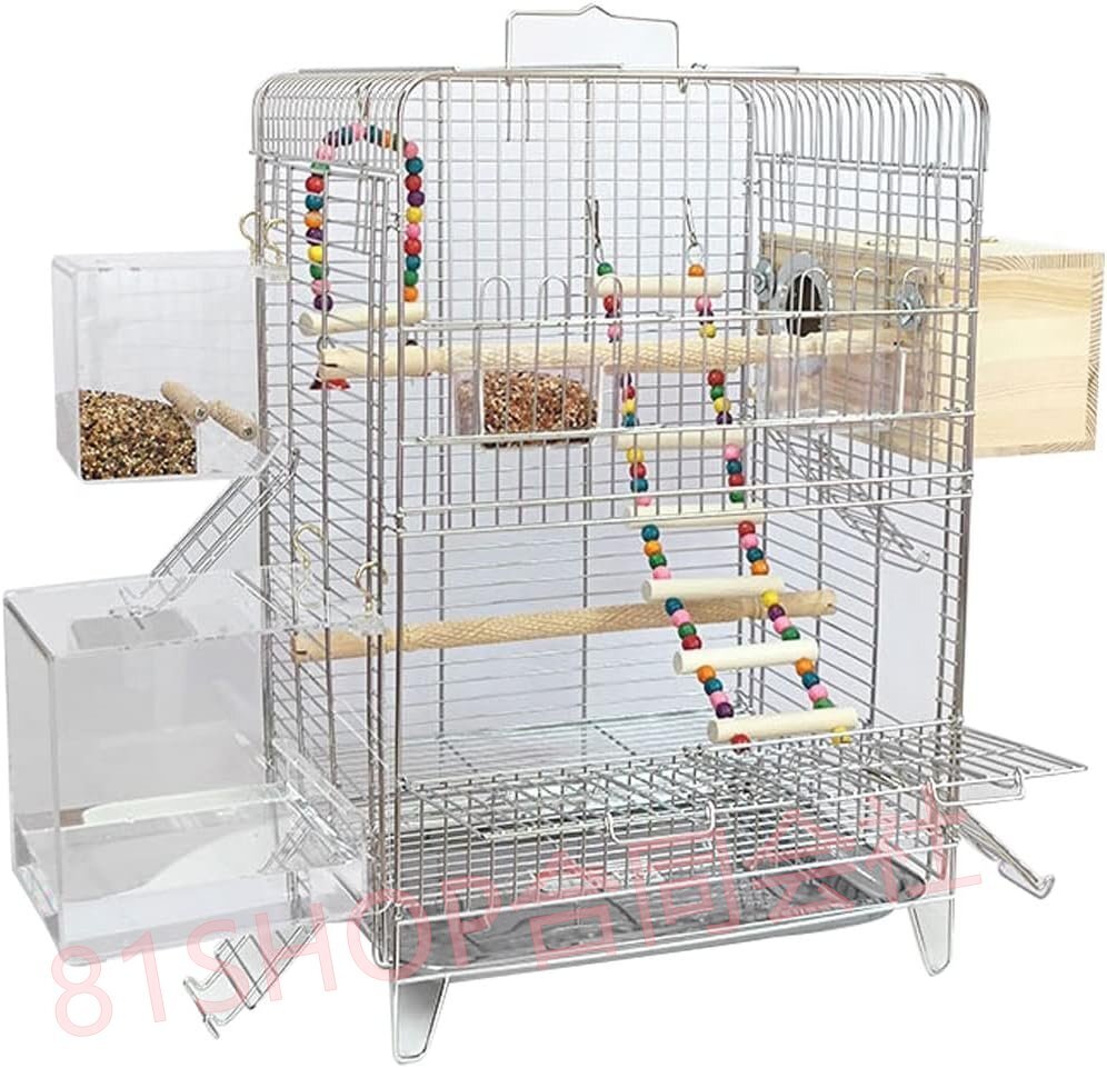 「81SHOP」 鳥かご 鳥かご インコ おしゃれ ポータブルステンレススチールバードケージ、 国内のオウム飼育ケージ(Color : Silver-set2)拍卖