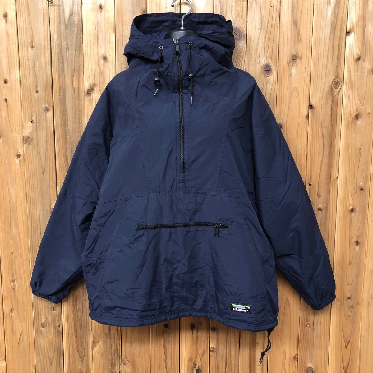 80's*L.L.Bean エルエルビーン レディースL プルオーバー ナイロンジャケット ハーフジップ 中綿 ネイビー アウトドア USA ビンテージ古着拍卖