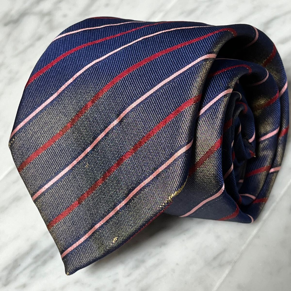 770円~ dunhill ネクタイ ネイビー ストライプ 光沢 レッド ピンク (B11)拍卖