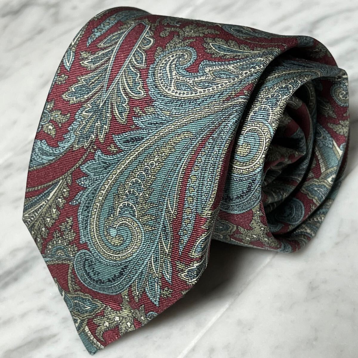 【美品】 999円~ dunhill ネクタイ レッド ブルー ペイズリー柄 総柄 (R4)拍卖