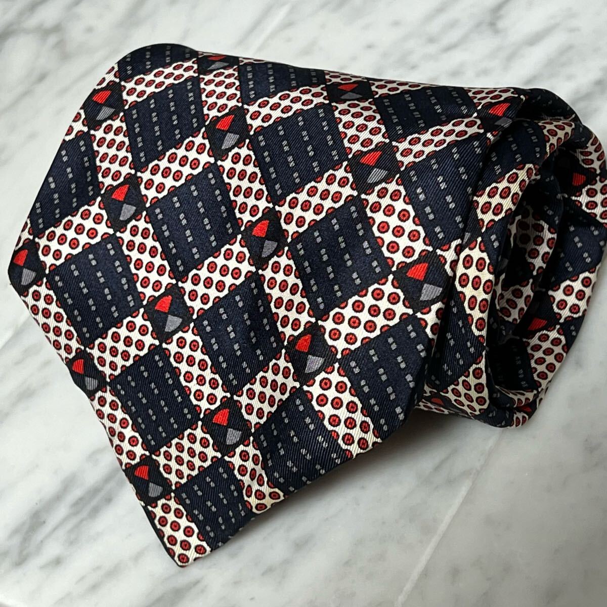 770円~ Yves Saint Laurent ネクタイ ネイビー ドット レッド 総柄 (B7)拍卖