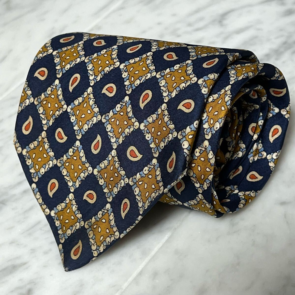 999円~ FENDI ネクタイ ネイビー ブラウン ブロックチェック柄 ペイズリー柄 (B5)拍卖