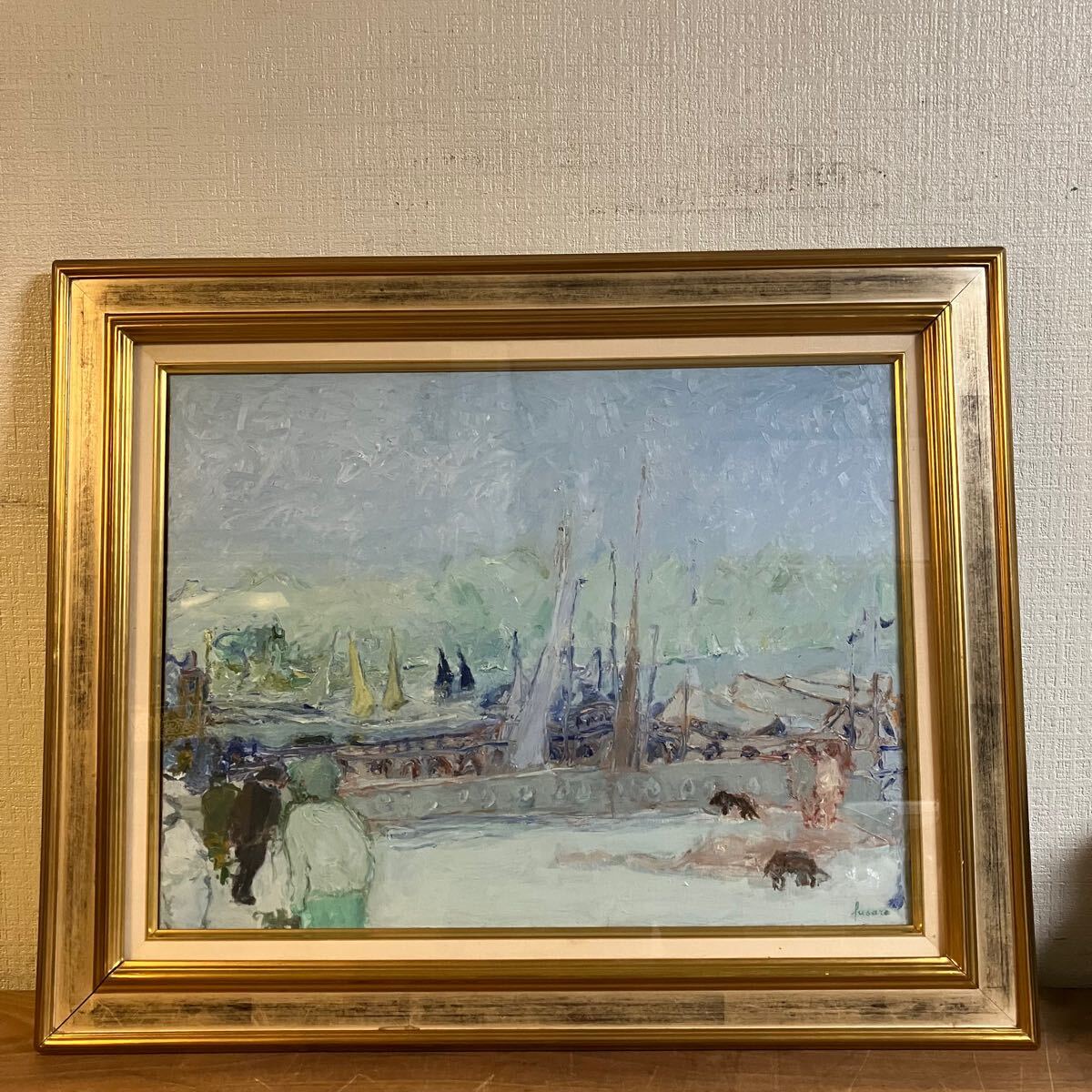 A 希少 真作 JEAN FUSARO 港 油絵 油彩 風景画 金彩額縁 ジャン フサロ拍卖