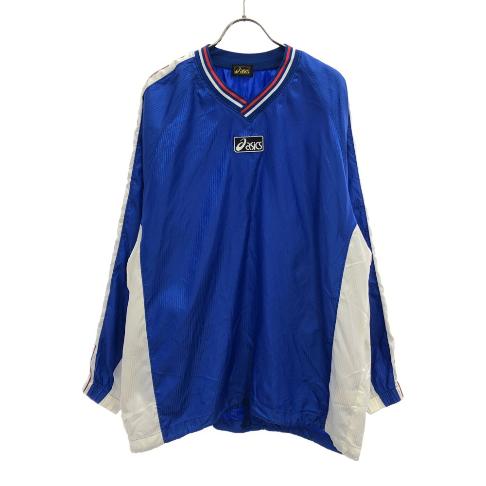 アシックス ロゴワッペン ストライプ柄 サッカー 長袖 ピステ L ブルー×ホワイト asics ウィンドブレーカー トレーニング メンズ拍卖