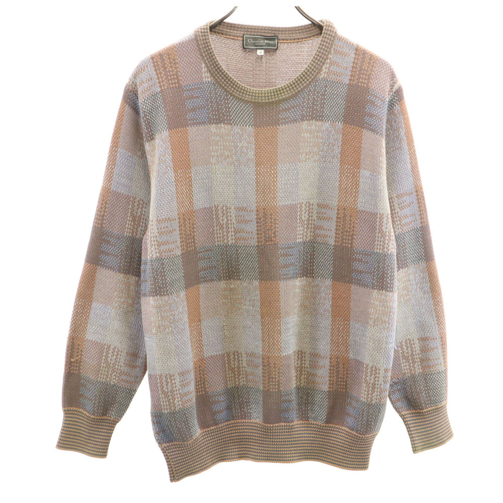 Christian Dior MONSIEUR クリスチャンディオール ムッシュ 90s オールド リネンブレンド 総柄 長袖 セーター M オレンジ メンズ拍卖