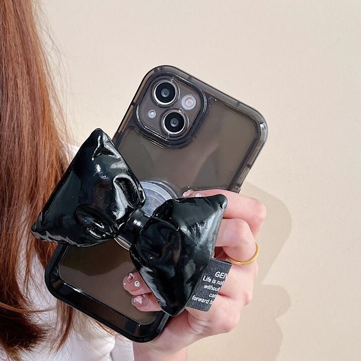 スマホグリップ スマホスタンド 韓国 ふわふわ 可愛い ビックリボン ブラック ST0013 M01拍卖