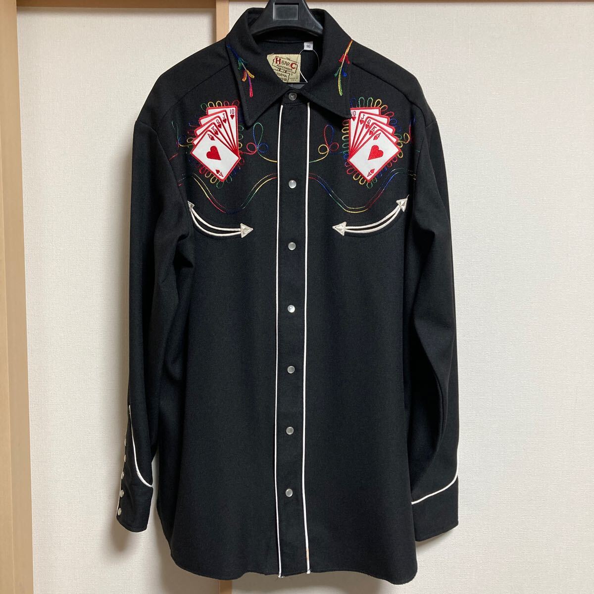 【極美品】70s H BAR C エイチバーシー トランプ刺繍 ウエスタンシャツ ブラック サイズ16 長袖 ロカビリー ビンテージ古着 米国製 希少拍卖