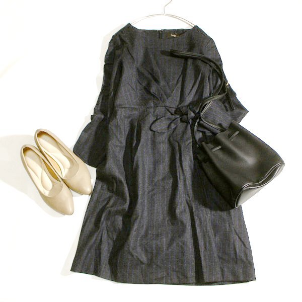 美品 Demi-Luxe デミルクス ビームス ウエストリボン ウール スーツ生地 ワンピース 38号 M 秋 冬 24A12拍卖