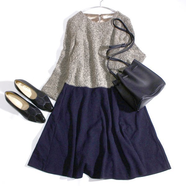 美品 NOLLEY'S LIGHT ノーリーズ ブークレ切り替え ウール混紡 ジャージーストレッチ ワンピース 38号 M 秋 冬 25B01拍卖