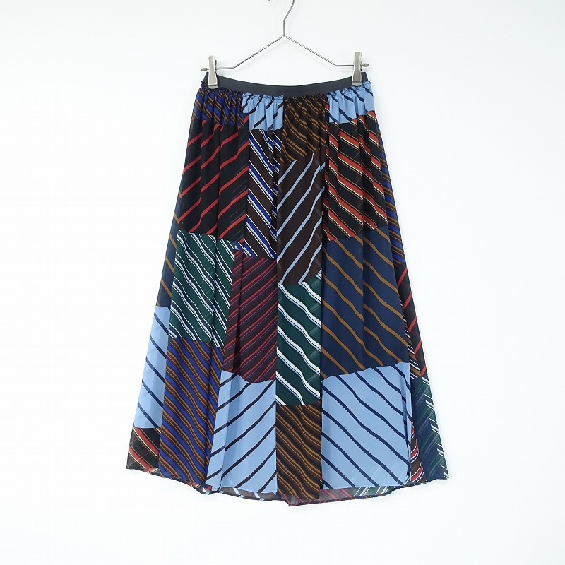 ハリス HARRISS *パッチワークプリントシフォンギャザースカート*36配色マルチストライプウエストゴム裏地(sk2-2501-48)【92A52】拍卖