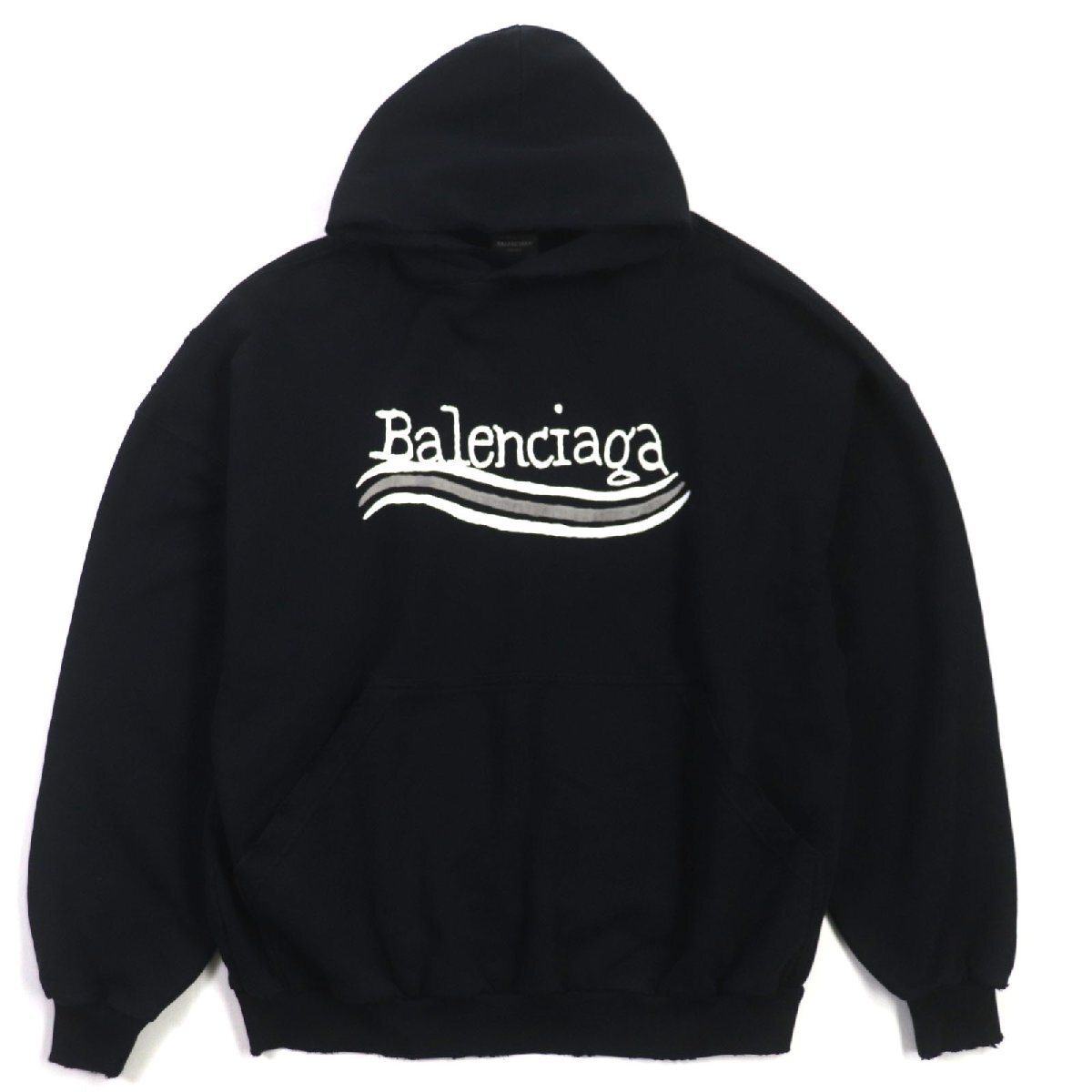美品▼BALENCIAGA バレンシアガ 23AW 739024 ダメージ加工 ロゴプリント ラージフィット プルオーバー パーカー L 正規品 メンズ拍卖