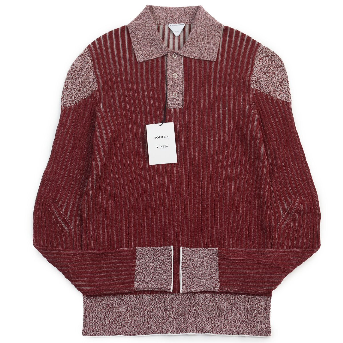 未使用品●BOTTEGAVENETA ボッテガヴェネタ 2022年製 728349 コットンリブ編み 長袖ニットポロシャツ セーター レッド S 伊製 正規品拍卖