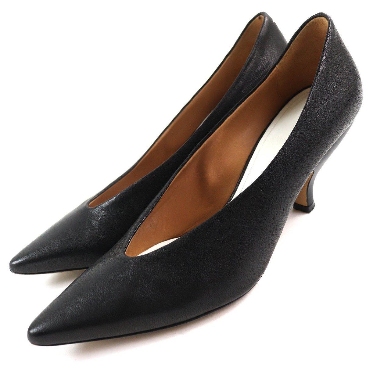 美品△Maison Margiela 22 メゾンマルジェラ22 ポインテッドトゥ レザー パンプス ブラック 37 イタリア製 レディース シンプルデザイン拍卖