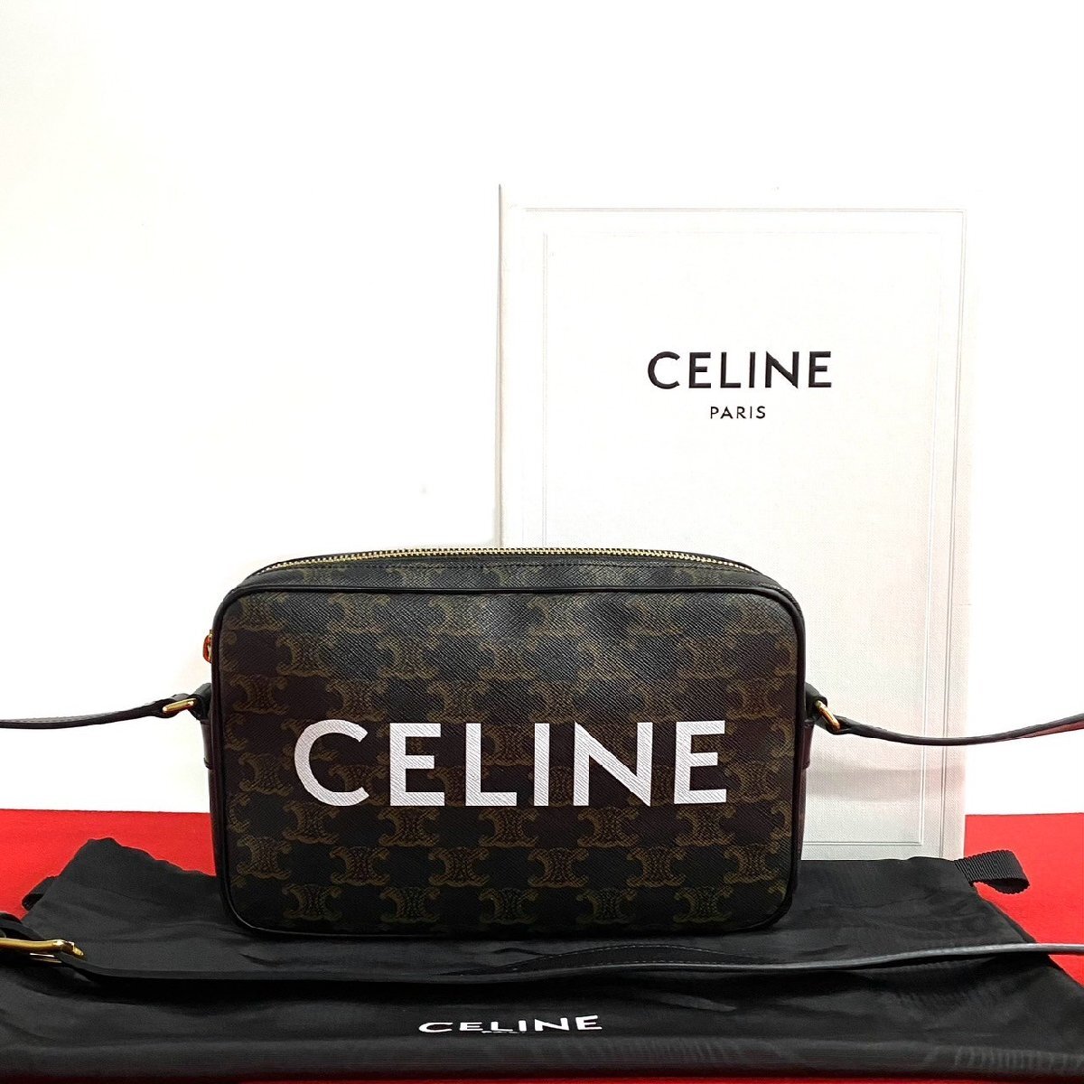 ほぼ未使用 箱 袋付き CELINE セリーヌ トリオンフ メッセンジャー ミディアム レザー 本革 ショルダーバッグ ポシェット ブラウン 22791拍卖
