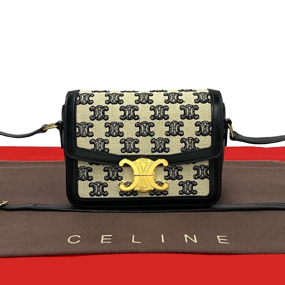 極 美品 希少品 CELINE セリーヌ ティーントリオンフ ロゴ 金具 キャンバス レザー 本革 ミニ ショルダーバッグ ポシェット ブラック 30063拍卖