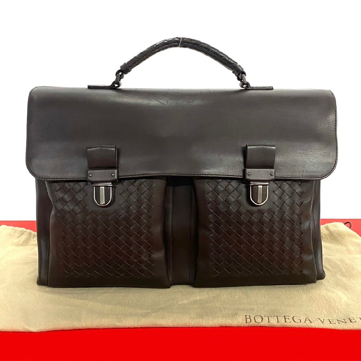 極 美品 袋付き BOTTEGA VENETA ボッテガヴェネタ イントレチャート レザー 本革 ビジネスバッグ ハンドバッグ ブラウン メンズ 40994拍卖