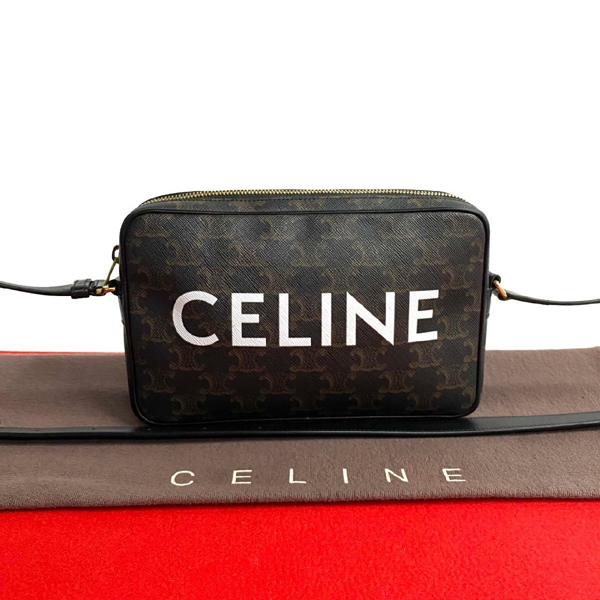 極 美品 希少品 CELINE セリーヌ トリオンフ メッセンジャー ミディアム レザー ミニ ショルダーバッグ ポシェット ブラック 33540拍卖