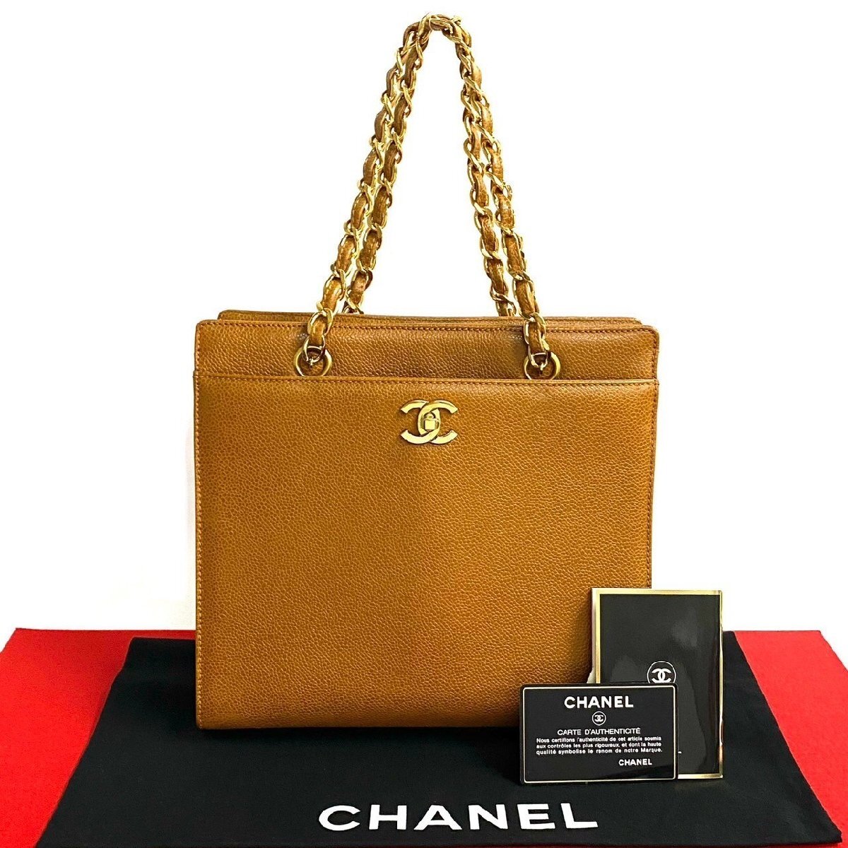 極 美品 シール有 4番台 CHANEL シャネル ヴィンテージ ココマーク レザー 本革 マットキャビアスキン チェーン ハンドバッグ 茶 39222拍卖