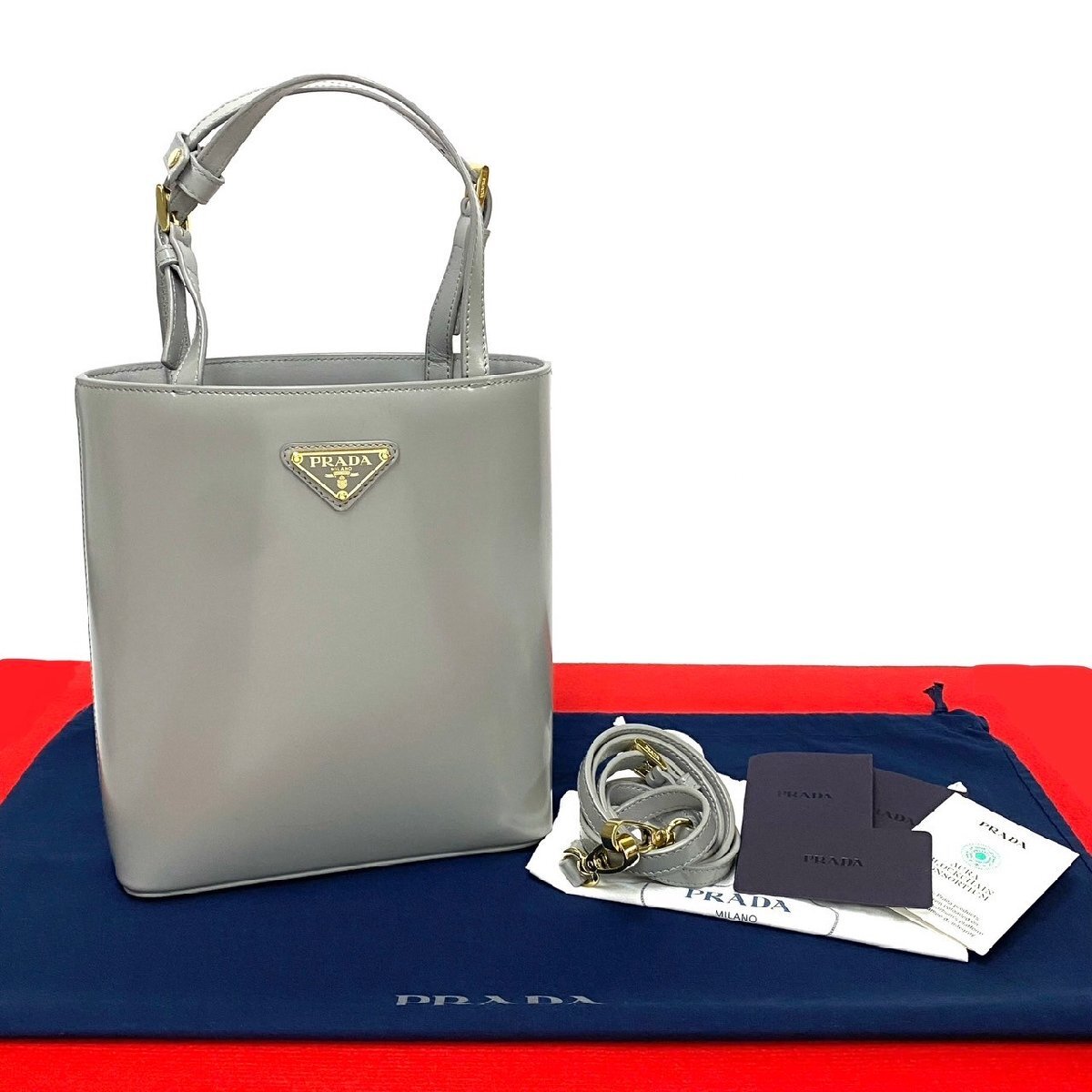 ほぼ未使用 PRADA プラダ 三角ロゴ ゴールド 金具 レザー 本革 2way ハンドバッグ ミニ トートバッグ ショルダーバッグ グレー 913-3拍卖