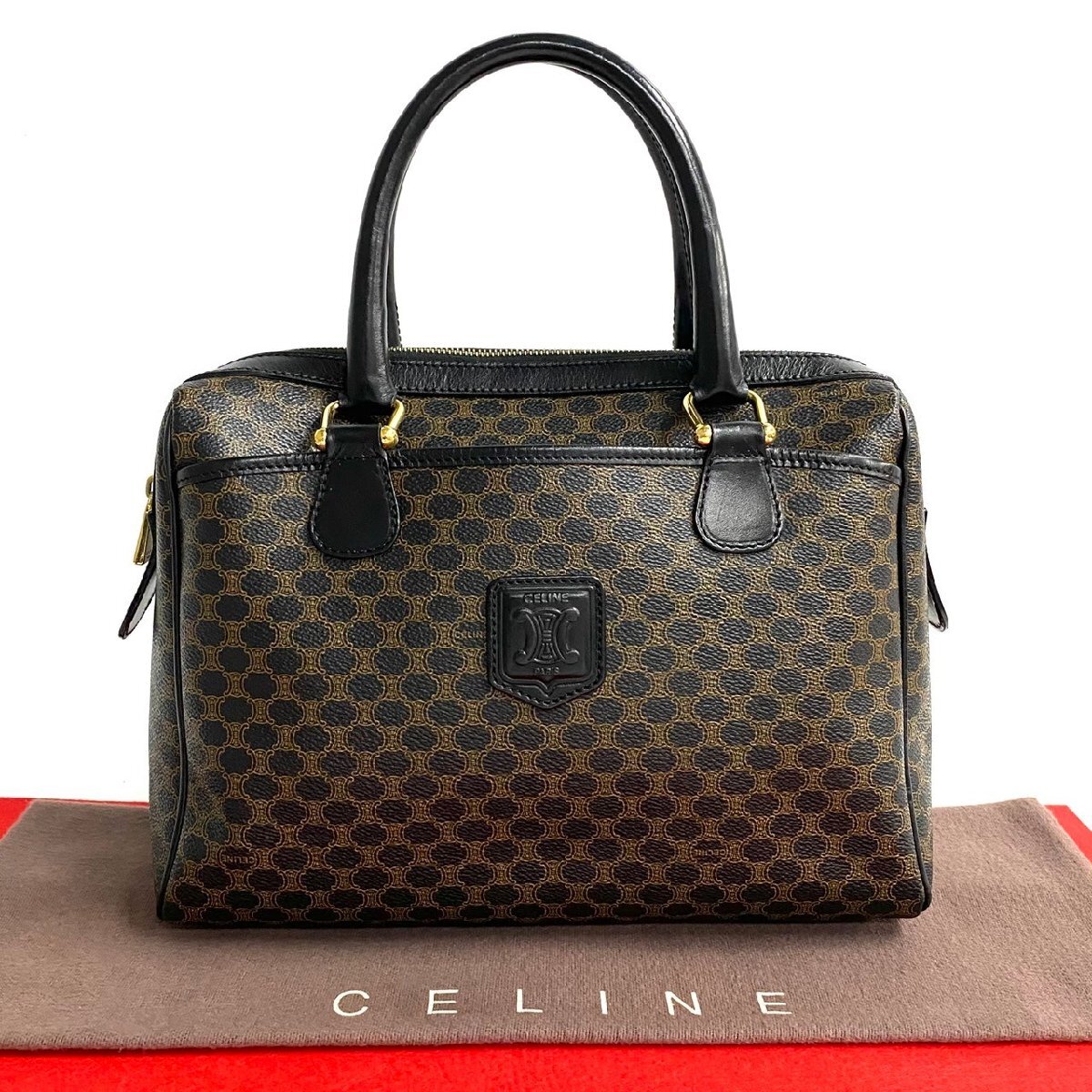 極 美品 希少品 CELINE セリーヌ ヴィンテージ マカダム ブラゾン トリオンフ 柄 レザー 本革 ハンドバッグ ミニ ボストンバッグ 茶 27443拍卖